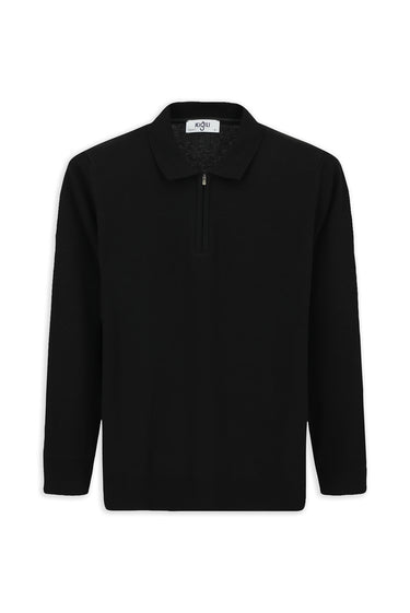  Siyah Polo Yaka Regular Fit Fermuarlı Pamuklu Örme Triko Kazak