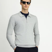 Açık Gri Polo Yaka Regular Fit Fermuarlı Pamuklu Örme Triko Kazak