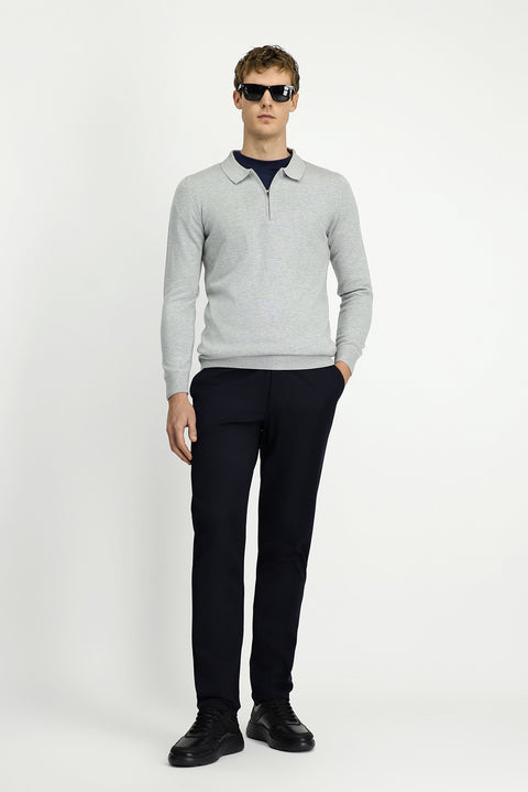 Açık Gri Polo Yaka Regular Fit Fermuarlı Pamuklu Örme Triko Kazak