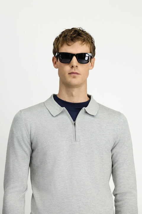 Açık Gri Polo Yaka Regular Fit Fermuarlı Pamuklu Örme Triko Kazak