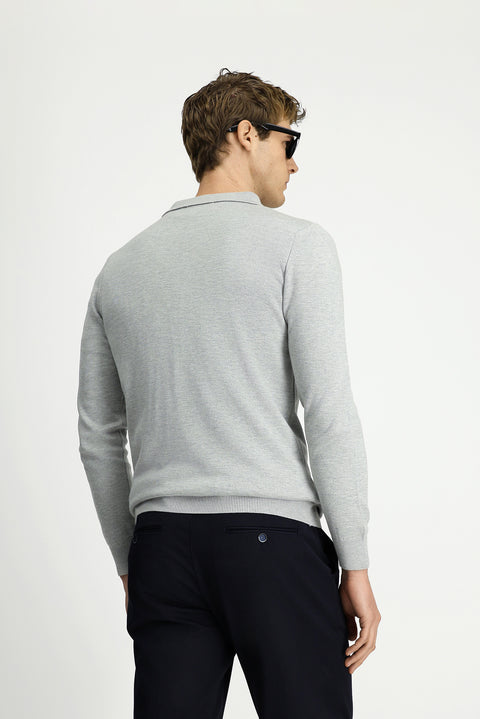 Açık Gri Polo Yaka Regular Fit Fermuarlı Pamuklu Örme Triko Kazak