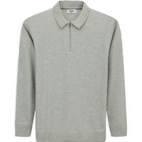 Açık Gri Polo Yaka Regular Fit Fermuarlı Pamuklu Örme Triko Kazak