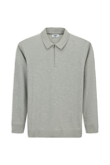  Açık Gri Polo Yaka Regular Fit Fermuarlı Pamuklu Örme Triko Kazak