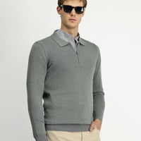 Orta Gri Polo Yaka Regular Fit Fermuarlı Pamuklu Örme Triko Kazak