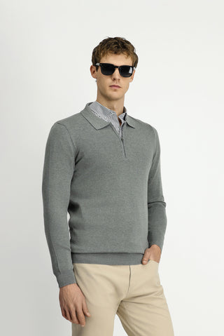  Orta Gri Polo Yaka Regular Fit Fermuarl? Pamuklu Örme Triko Kazak-Ki??l?