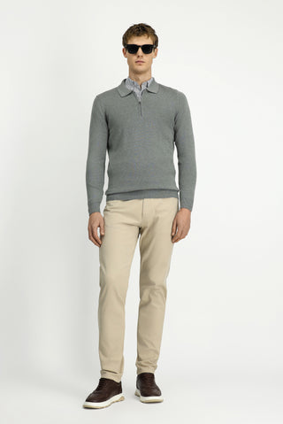  Orta Gri Polo Yaka Regular Fit Fermuarl? Pamuklu Örme Triko Kazak-Ki??l?