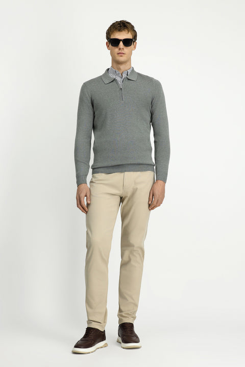 Orta Gri Polo Yaka Regular Fit Fermuarlı Pamuklu Örme Triko Kazak