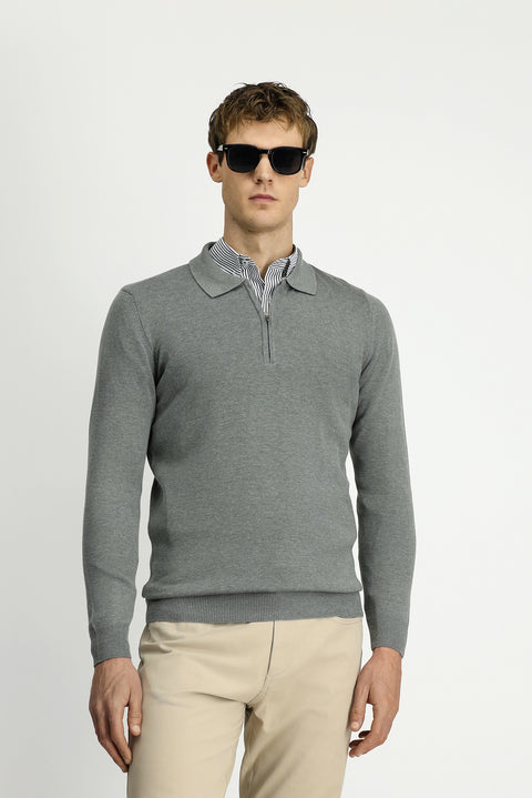 Orta Gri Polo Yaka Regular Fit Fermuarlı Pamuklu Örme Triko Kazak