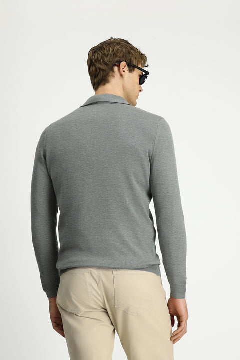Orta Gri Polo Yaka Regular Fit Fermuarlı Pamuklu Örme Triko Kazak