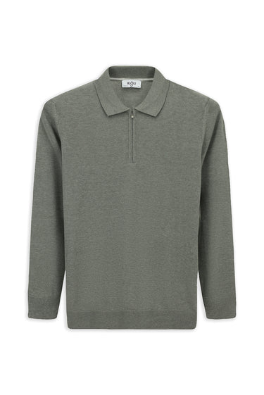  Orta Gri Polo Yaka Regular Fit Fermuarlı Pamuklu Örme Triko Kazak