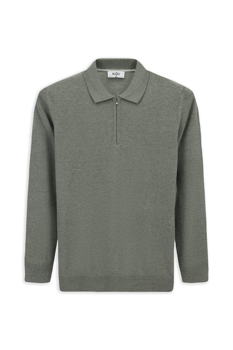 Orta Gri Polo Yaka Regular Fit Fermuarlı Pamuklu Örme Triko Kazak