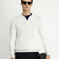 Ekru Polo Yaka Regular Fit Fermuarlı Pamuklu Örme Triko Kazak