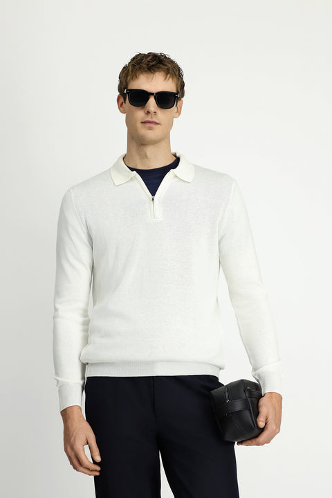 Ekru Polo Yaka Regular Fit Fermuarlı Pamuklu Örme Triko Kazak