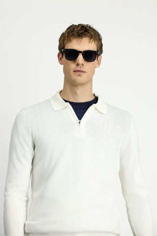  Ekru Polo Yaka Regular Fit Fermuarl? Pamuklu Örme Triko Kazak-Ki??l?