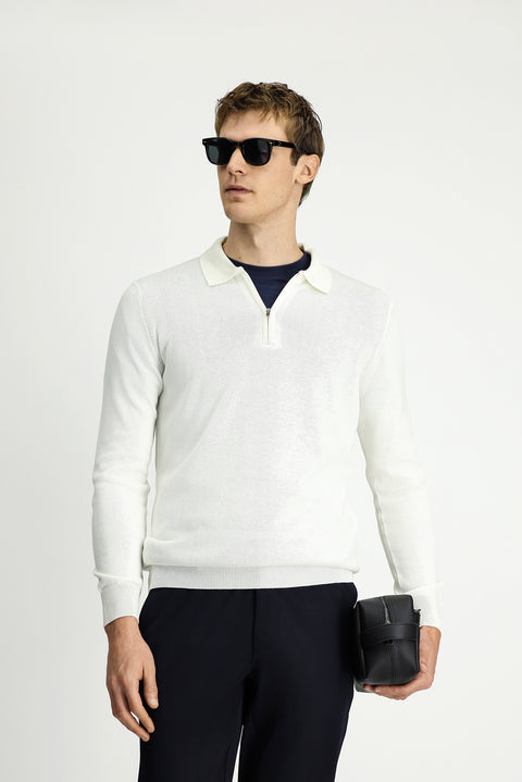 Ekru Polo Yaka Regular Fit Fermuarlı Pamuklu Örme Triko Kazak