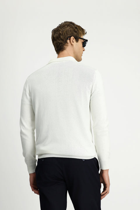 Ekru Polo Yaka Regular Fit Fermuarlı Pamuklu Örme Triko Kazak