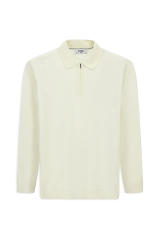  Ekru Polo Yaka Regular Fit Fermuarlı Pamuklu Örme Triko Kazak