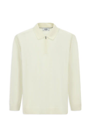  Ekru Polo Yaka Regular Fit Fermuarlı Pamuklu Örme Triko Kazak