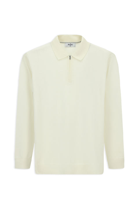 Ekru Polo Yaka Regular Fit Fermuarlı Pamuklu Örme Triko Kazak