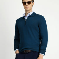 Orta Petrol Polo Yaka Regular Fit Fermuarlı Pamuklu Örme Triko Kazak