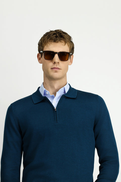 Orta Petrol Polo Yaka Regular Fit Fermuarlı Pamuklu Örme Triko Kazak