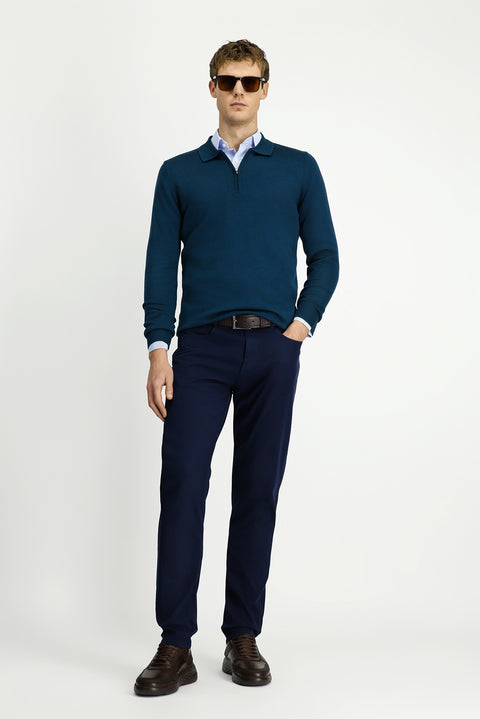 Orta Petrol Polo Yaka Regular Fit Fermuarlı Pamuklu Örme Triko Kazak