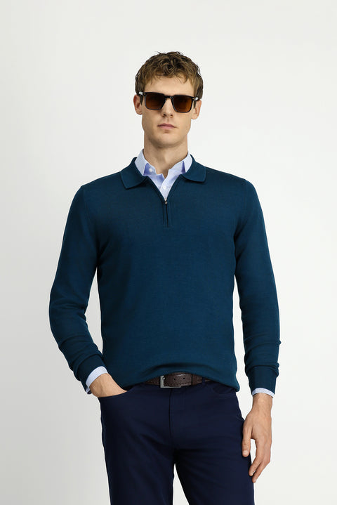 Orta Petrol Polo Yaka Regular Fit Fermuarlı Pamuklu Örme Triko Kazak