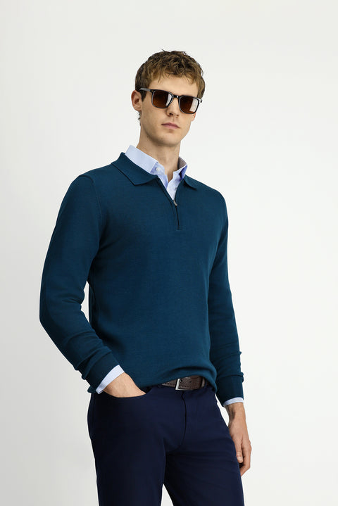 Orta Petrol Polo Yaka Regular Fit Fermuarlı Pamuklu Örme Triko Kazak