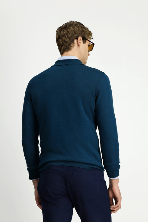 Orta Petrol Polo Yaka Regular Fit Fermuarlı Pamuklu Örme Triko Kazak