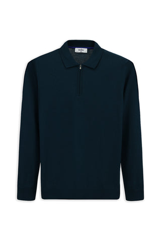  Orta Petrol Polo Yaka Regular Fit Fermuarlı Pamuklu Örme Triko Kazak