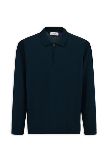  Orta Petrol Polo Yaka Regular Fit Fermuarlı Pamuklu Örme Triko Kazak