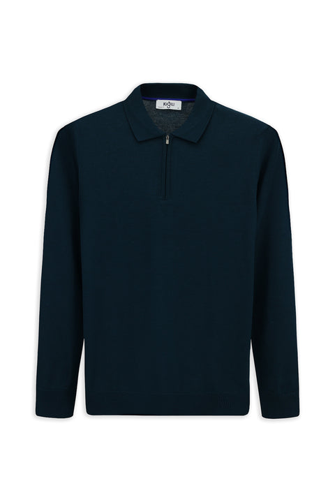 Orta Petrol Polo Yaka Regular Fit Fermuarlı Pamuklu Örme Triko Kazak