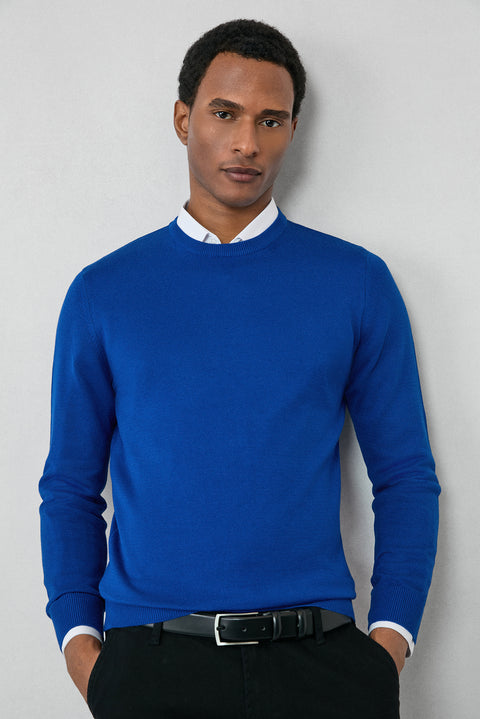 Saks Mavi Bisiklet Yaka Regular Fit Pamuklu Triko Kazak