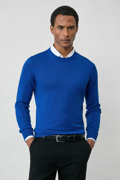 Saks Mavi Bisiklet Yaka Regular Fit Pamuklu Triko Kazak