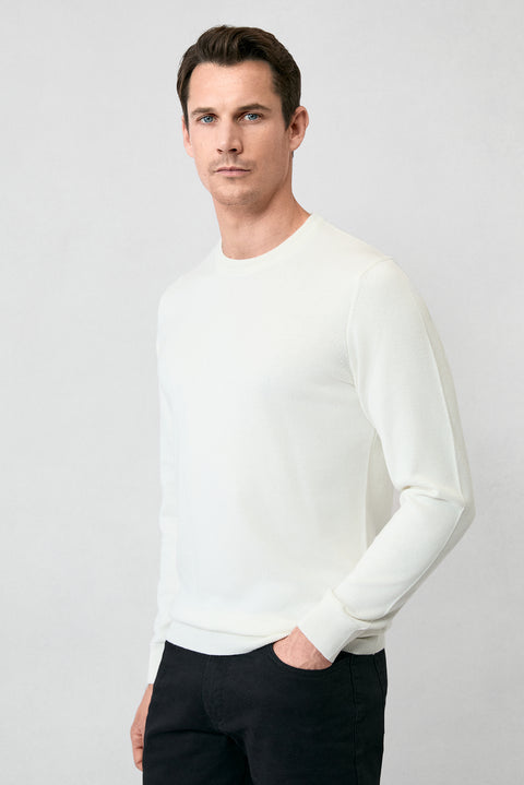 Ekru Bisiklet Yaka Regular Fit Pamuklu Triko Kazak