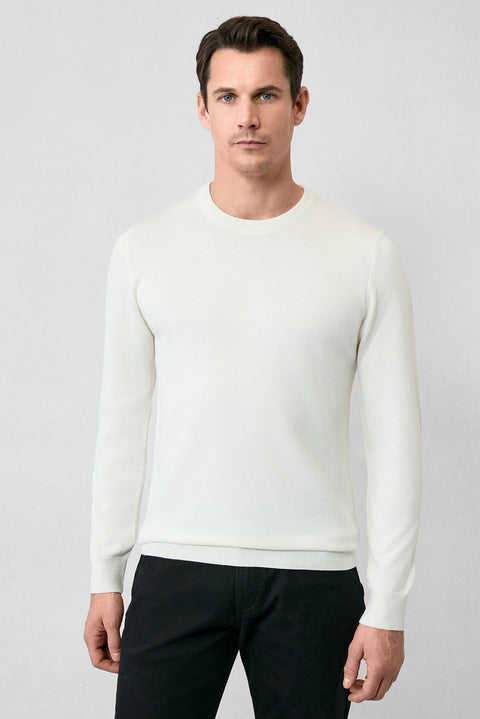 Ekru Bisiklet Yaka Regular Fit Pamuklu Triko Kazak