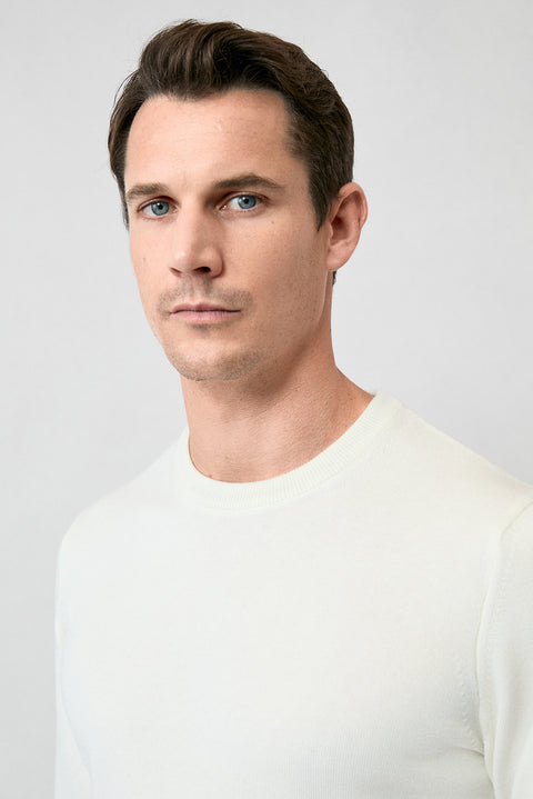 Ekru Bisiklet Yaka Regular Fit Pamuklu Triko Kazak