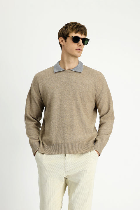 Orta Bej Polo Yaka Oversize Ekstra Rahat Kesim Yünlü Triko Kazak