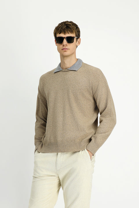 Orta Bej Polo Yaka Oversize Ekstra Rahat Kesim Yünlü Triko Kazak