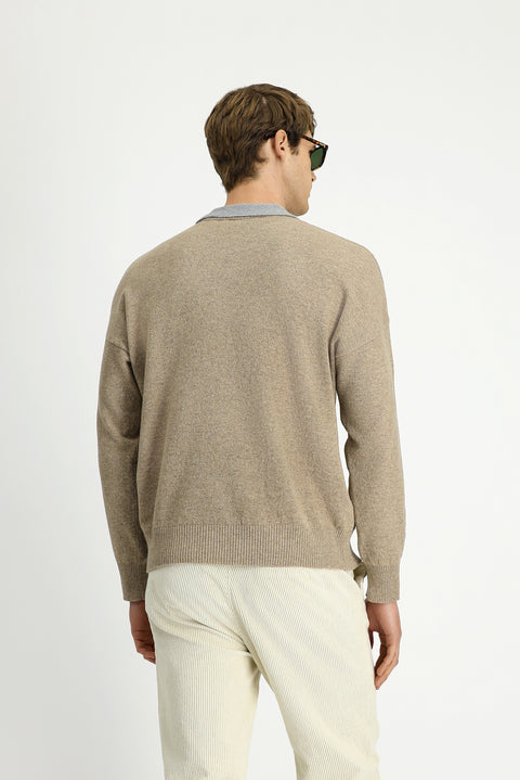 Orta Bej Polo Yaka Oversize Ekstra Rahat Kesim Yünlü Triko Kazak