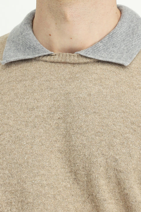 Orta Bej Polo Yaka Oversize Ekstra Rahat Kesim Yünlü Triko Kazak