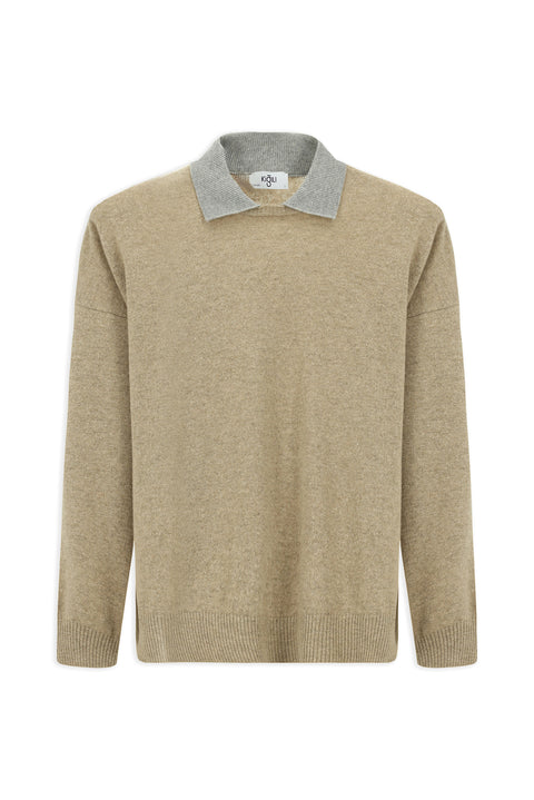 Orta Bej Polo Yaka Oversize Ekstra Rahat Kesim Yünlü Triko Kazak