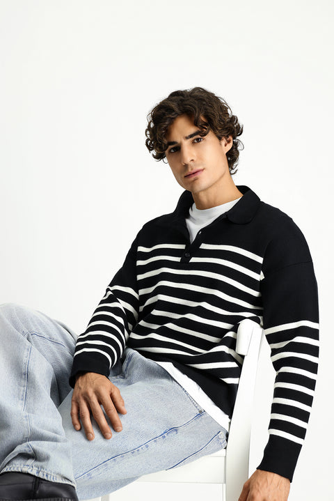Siyah Polo Yaka Oversize Ekstra Rahat Kesim Çizgili Triko Kazak