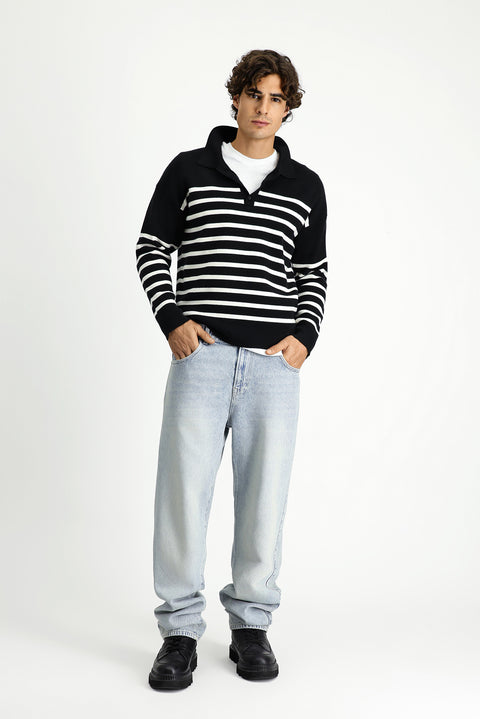 Siyah Polo Yaka Oversize Ekstra Rahat Kesim Çizgili Triko Kazak