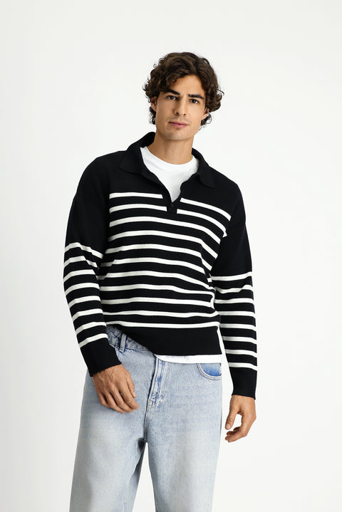 Black Polo Collar Oversize Extra Relaxed Fit Striped Knit Sweater