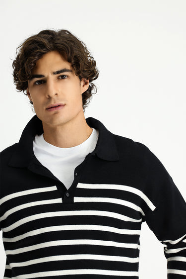  Siyah Polo Yaka Oversize Ekstra Rahat Kesim Çizgili Triko Kazak
