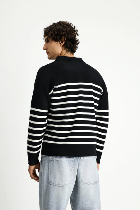 Siyah Polo Yaka Oversize Ekstra Rahat Kesim Çizgili Triko Kazak