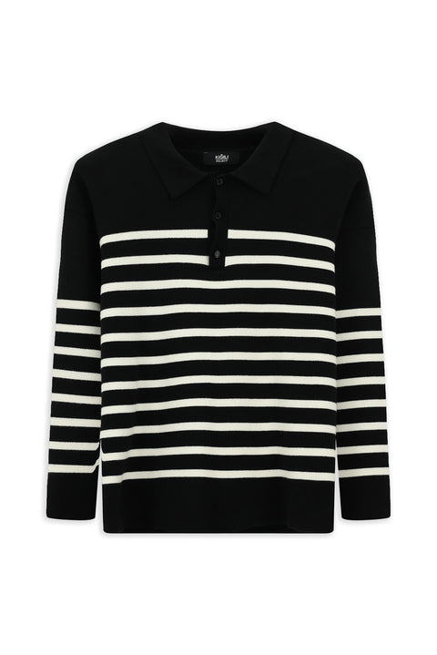 Siyah Polo Yaka Oversize Ekstra Rahat Kesim Çizgili Triko Kazak