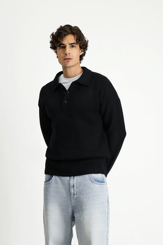  Siyah Polo Yaka Oversize Ekstra Rahat Kesim Çizgili Triko Kazak