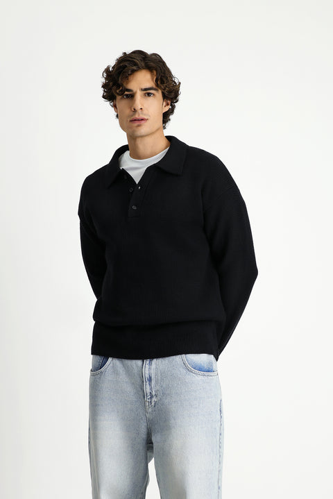 Siyah Polo Yaka Oversize Ekstra Rahat Kesim Çizgili Triko Kazak